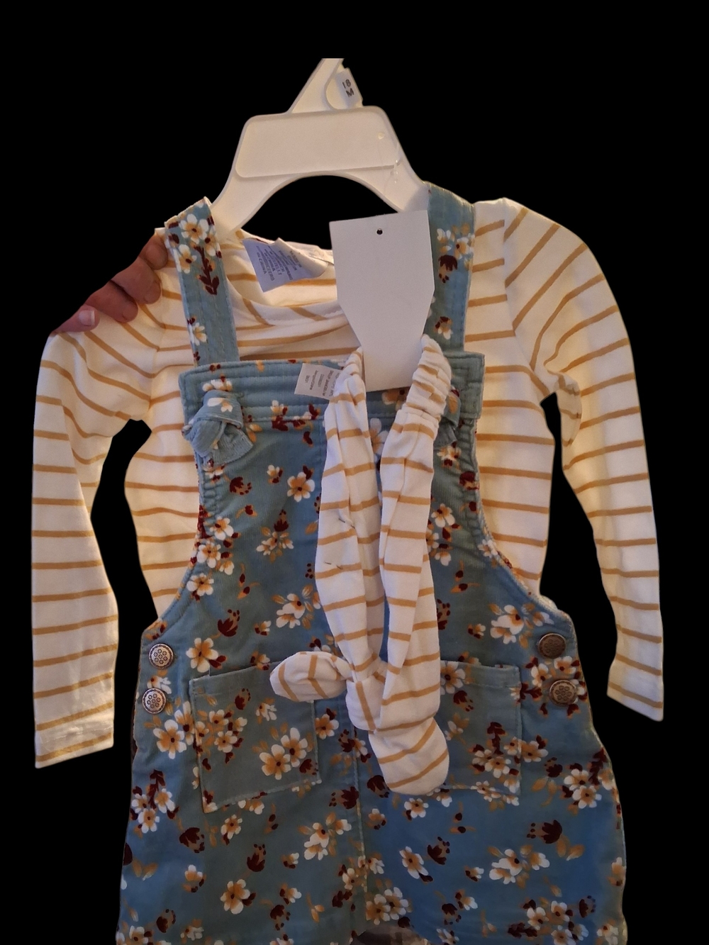 Tahari Blue Floral Overall Dress with White and Yellow Striped Top